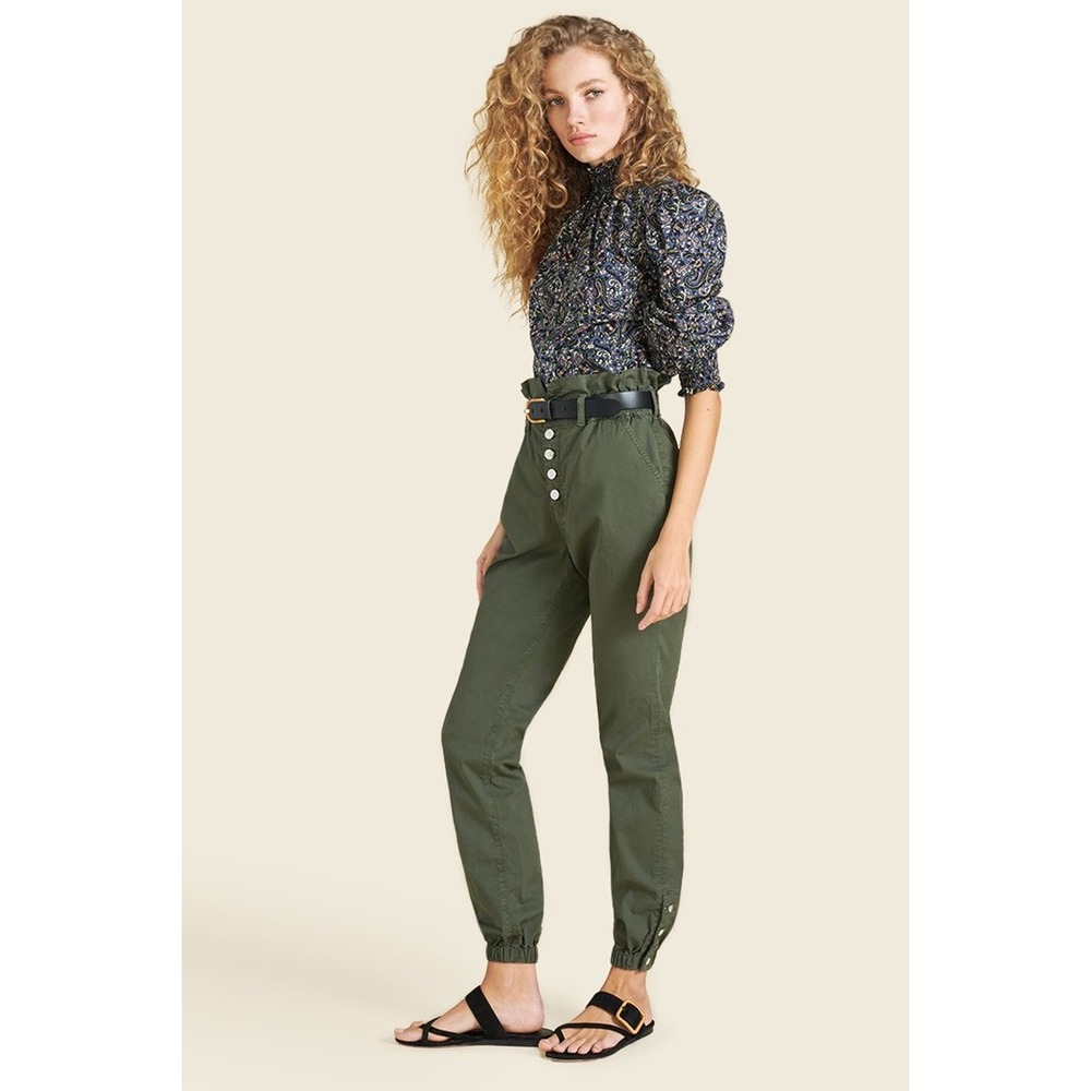 Veronica Beard Tedi Tapered High Rise Pants Women 29/8 Green Button Fly Paperbag